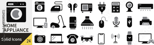 Home appliance solid icons set, modern vector collection of domestic electronics symbols including washing machine, vacuum cleaner, refrigerator