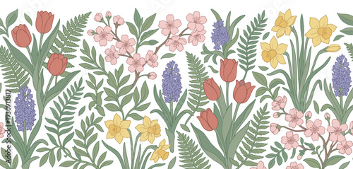 Spring flowers and green botanical foliage form a beautiful decorative pattern featuring tulips, daffodils, hyacinths, and cherry blossoms in a vintage illustration style.