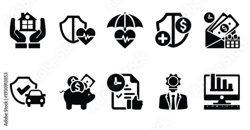 Insurance and finance icons set for business and security concepts
