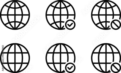 International globe icons collection with approval and rejection status indicators