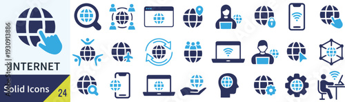 Internet and global network connection icons in blue and dark tones