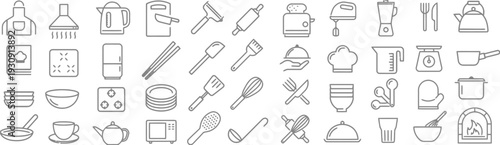 Kitchen appliances and utensils line icons for cooking and baking