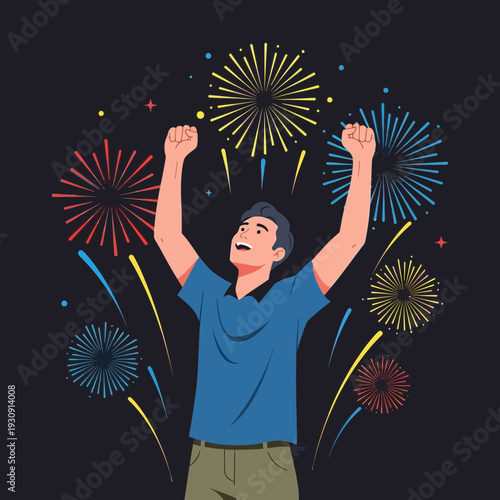 Triumphant Person Celebrates Festive Fireworks Display With Joyful Exuberance
