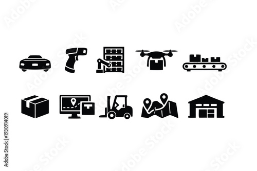 Logistics and delivery icons autonomous car scanner robot arm drone conveyor belt warehouse