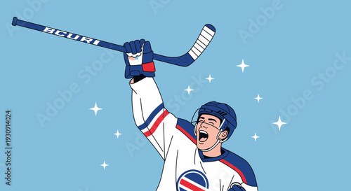 Triumphant Hockey Player Celebrates Victory with Raised Stick and Gleeful Expression