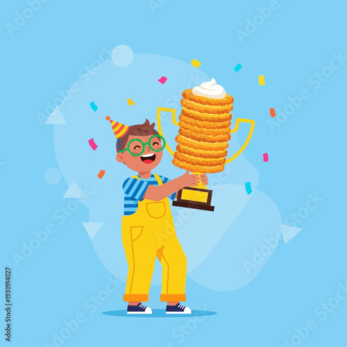 Triumphant Child Celebrates Sweet Victory Holding Towering Pancake Trophy