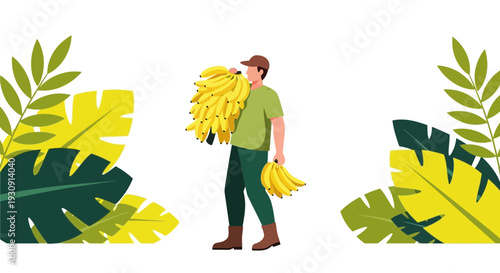 Tropical Banana Farmer Carrying Abundant Harvest With Lush Foliage Background