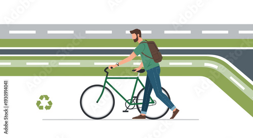 Urban Cyclist Navigating Dedicated Bicycle Lanes With Backpack And Eco Symbol