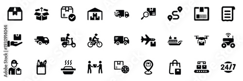Logistics and delivery icons illustrating shipping, transport, and tracking services