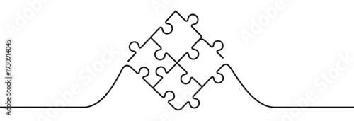 Puzzle pieces connected by a continuous single line forming a cohesive and unified solution concept, symbolizing teamwork and integration.