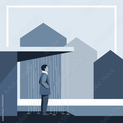 Urban Dweller Seeking Shelter From Gentle Rain Amidst Modernist Architecture