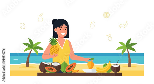 Tropical Fruit Paradise Woman Enjoying Exotic Bounty By The Ocean