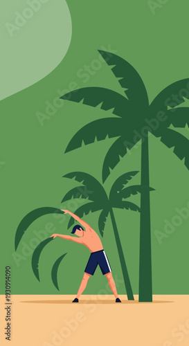 Tropical Fitness Scene A Man Stretches Amidst Palm Trees