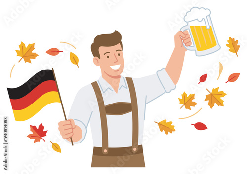 Smiling man in traditional German lederhosen holds flag and beer mug, joyfully celebrating the festive autumn season.
