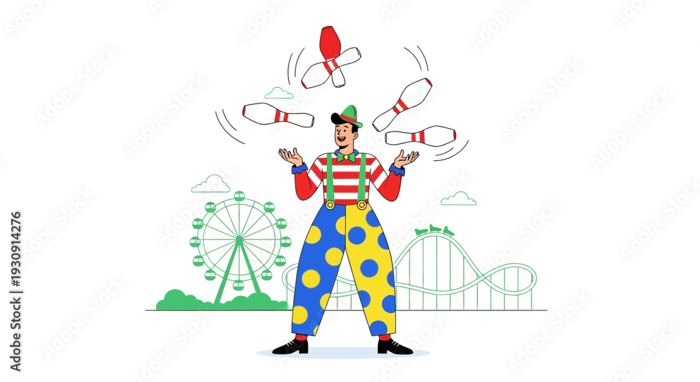 Naklejka premium Vibrant Amusement Park Scene With A Juggling Clown And Ferris Wheel