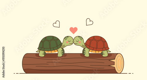 Two Adorable Turtles Kissing On A Log With Hearts Above