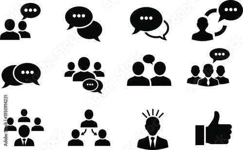 Collection of black and white communication and teamwork icons