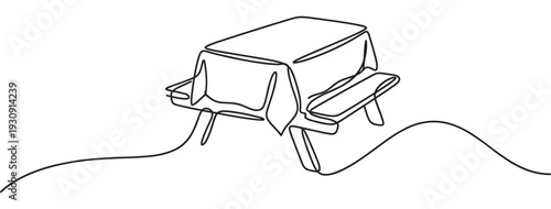 Picnic table with benches drawn in continuous line art style, perfect for outdoor dining, gatherings, and leisure activities.