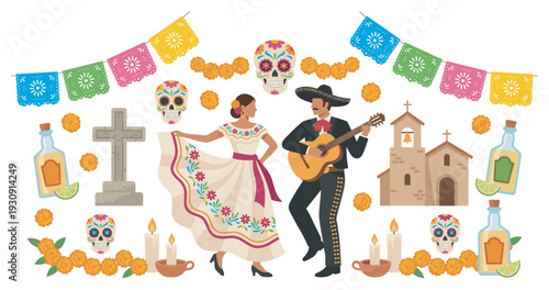Mexican couple celebrates traditional cultural holiday with vibrant decorations, sugar skulls, marigolds, and festive music.
