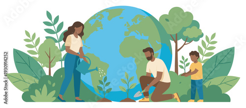 Diverse family planting trees and watering plants, symbolizing environmental protection and global sustainability efforts for a greener future.