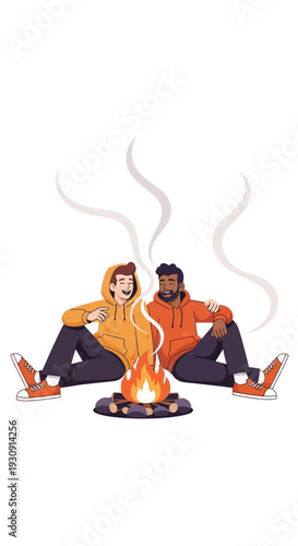 Two Friends Enjoying A Cozy Campfire Together Outdoors Bonding By The Fire