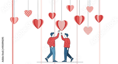 Two Men High Five Under Hanging Hearts Celebrating Connection And Joy