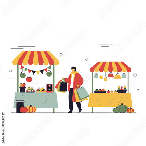Vibrant Autumn Marketplace Scene With Shopper Engaging In Festive Commerce