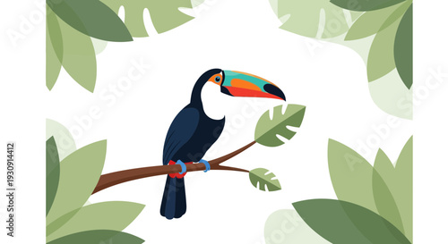 Vibrant Toucan Perched Amidst Lush Tropical Foliage Illustration