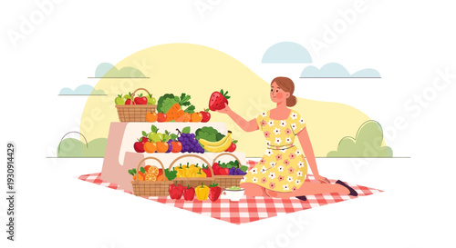 Vibrant Summer Picnic With Abundant Fresh Fruits And Vegetables Displayed