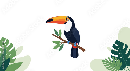 Vibrant Toucan Perched on Branch Amidst Lush Tropical Foliage