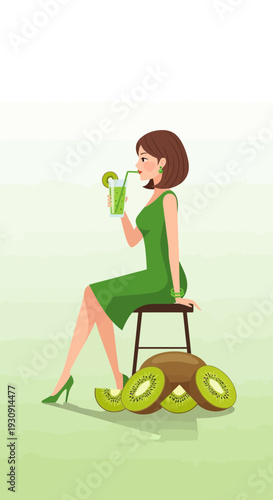 Vibrant Woman Enjoys Fresh Kiwi Smoothie Savoring Healthy Refreshment