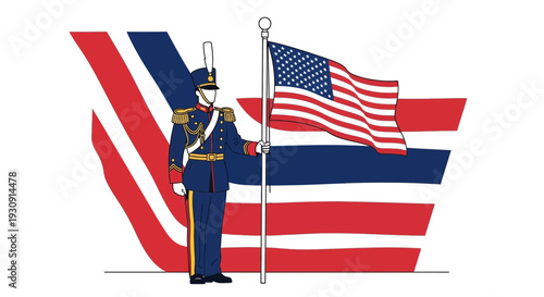 Uniformed Sentinel Standing Proudly With American Flag