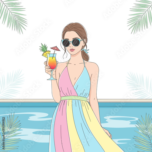 Vibrant Woman Enjoying Tropical Cocktail By The Poolside In Summer