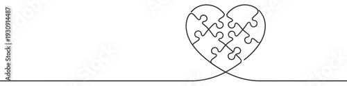 Heart puzzle pieces forming a continuous line drawing illustration, symbolizing connection, unity, and the concept of love and relationships.