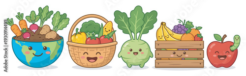 Cute cartoon fruits and vegetables are happily displayed in various containers, promoting healthy eating and sustainable agriculture.