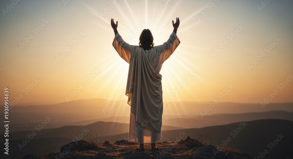 Fototapeta premium Figure in robes with arms raised, bathed in radiant light on a mountaintop
