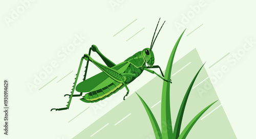 Vibrant Green Grasshopper Perched On Blade Of Grass In Artistic Minimalist Design