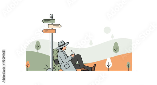 Wanderer Contemplating Crossroads With Warm Drink In Hand