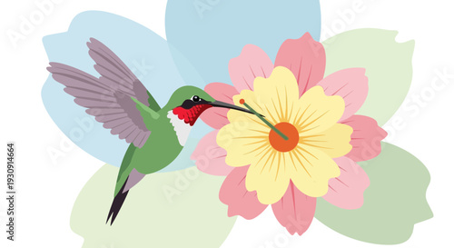 Vibrant Hummingbird Nectar Seeking Amongst Pastel Blossoms