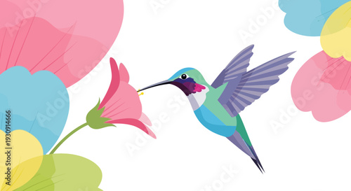 Vibrant Hummingbird Nectar Sipping Floral Illustration