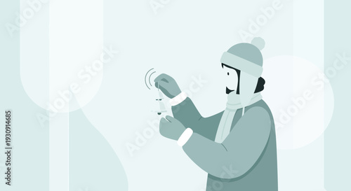 Warm Winter Character Hangs Delicate Bird Feeder Outdoors