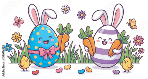 Two adorable bunny Easter eggs holding fresh carrots celebrate springtime with cute chicks and colorful flowers.