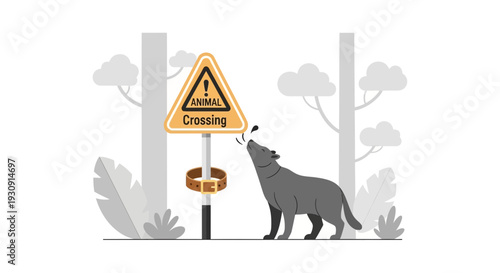 Warning Sign Near Wolf Depicting Wildlife Movement In An Illustrative Style