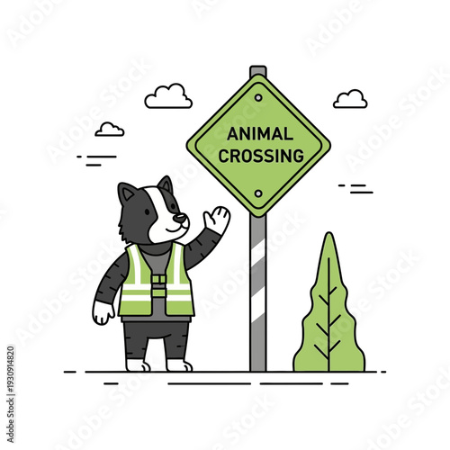 Whimsical Badger Standing Near Animal Crossing Sign in Minimalist Style