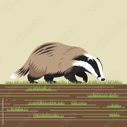 Whimsical Badger Wandering Through Grassy Terrain Illustration