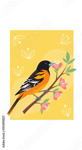 Vibrant Oriole Perched Among Delicate Blossoms Against Sunny Backdrop