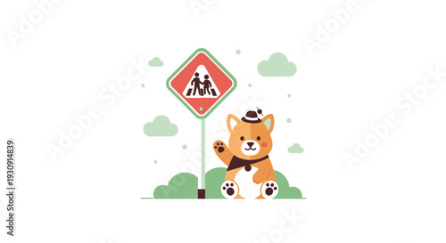 Whimsical Bear Character Waving Beside a Pedestrian Crossing Sign