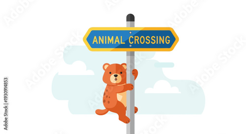 Whimsical Bear Climbs Animal Crossing Signpost Illustration