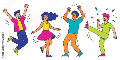 Happy young diverse friends dancing and celebrating together with joyful energy, excitement, and colorful confetti falling around them.