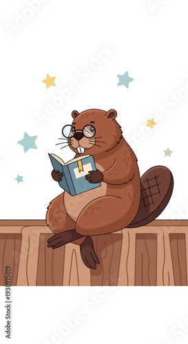 Whimsical Beaver Wearing Glasses Enthusiastically Reading a Book